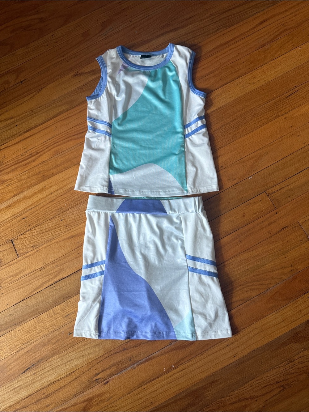 Kids White & Teal Two-Piece Tank and Skirt Tennis Outfit